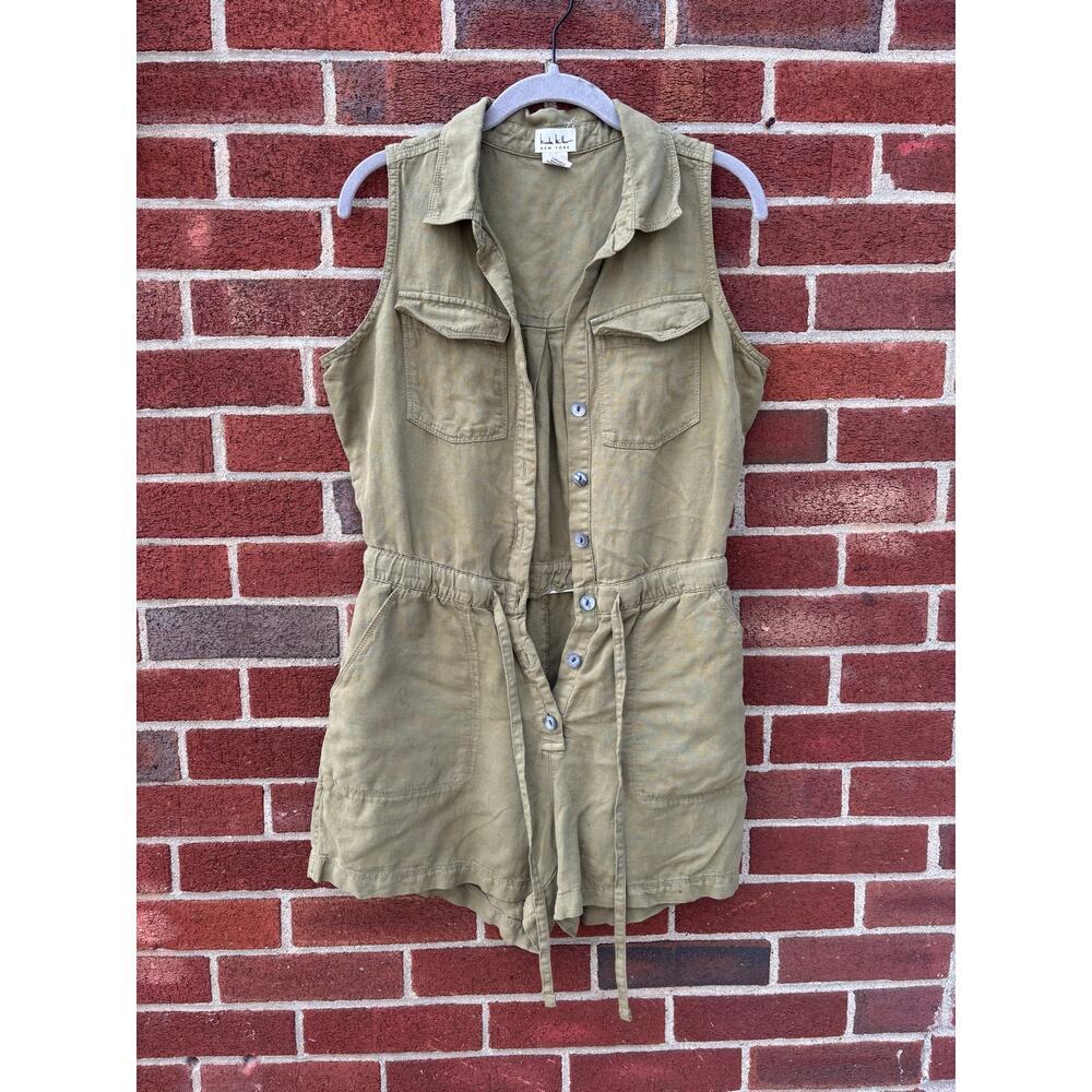Nicole Miller New York Utility Romper Womens 4 Olive Green Linen Blend Safari - Picture 3 of 10